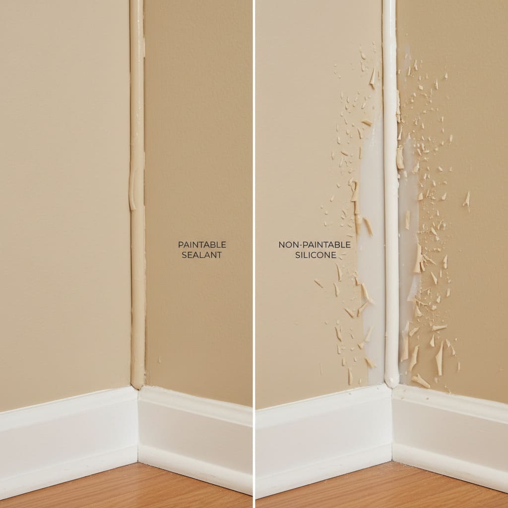 A painted wall where sealant is perfectly covered, next to one where paint beads off the sealant