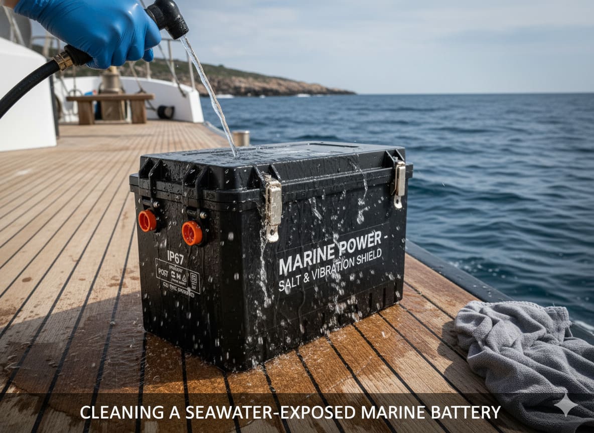A person cleaning a marine battery with fresh water