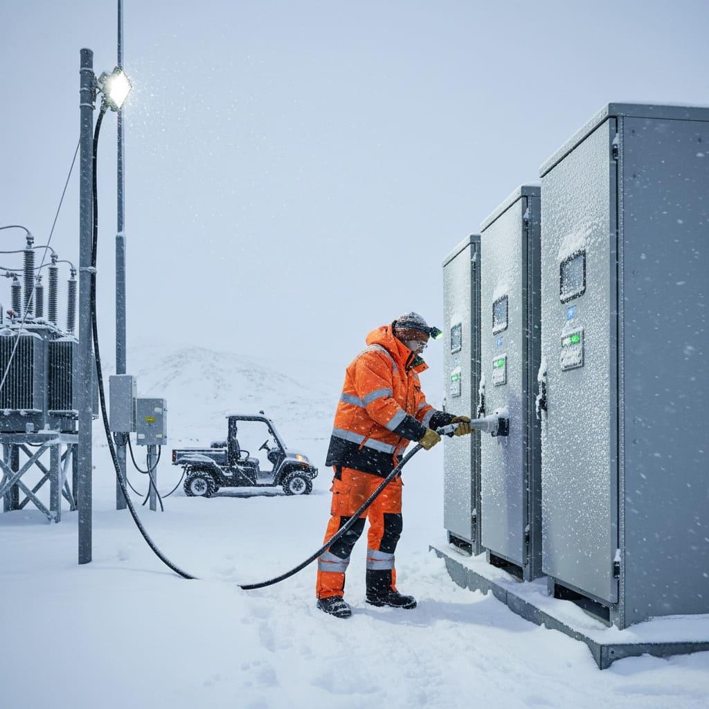 A house with solar panels in a snowy landscape, showing two options: a battery with a heater icon and a sodium-ion battery