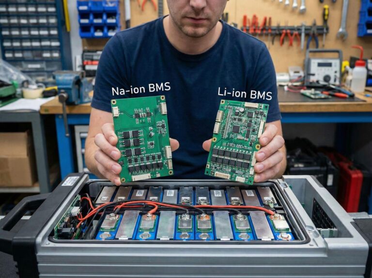 Technician holding Na-ion and Li-ion BMS in workshop