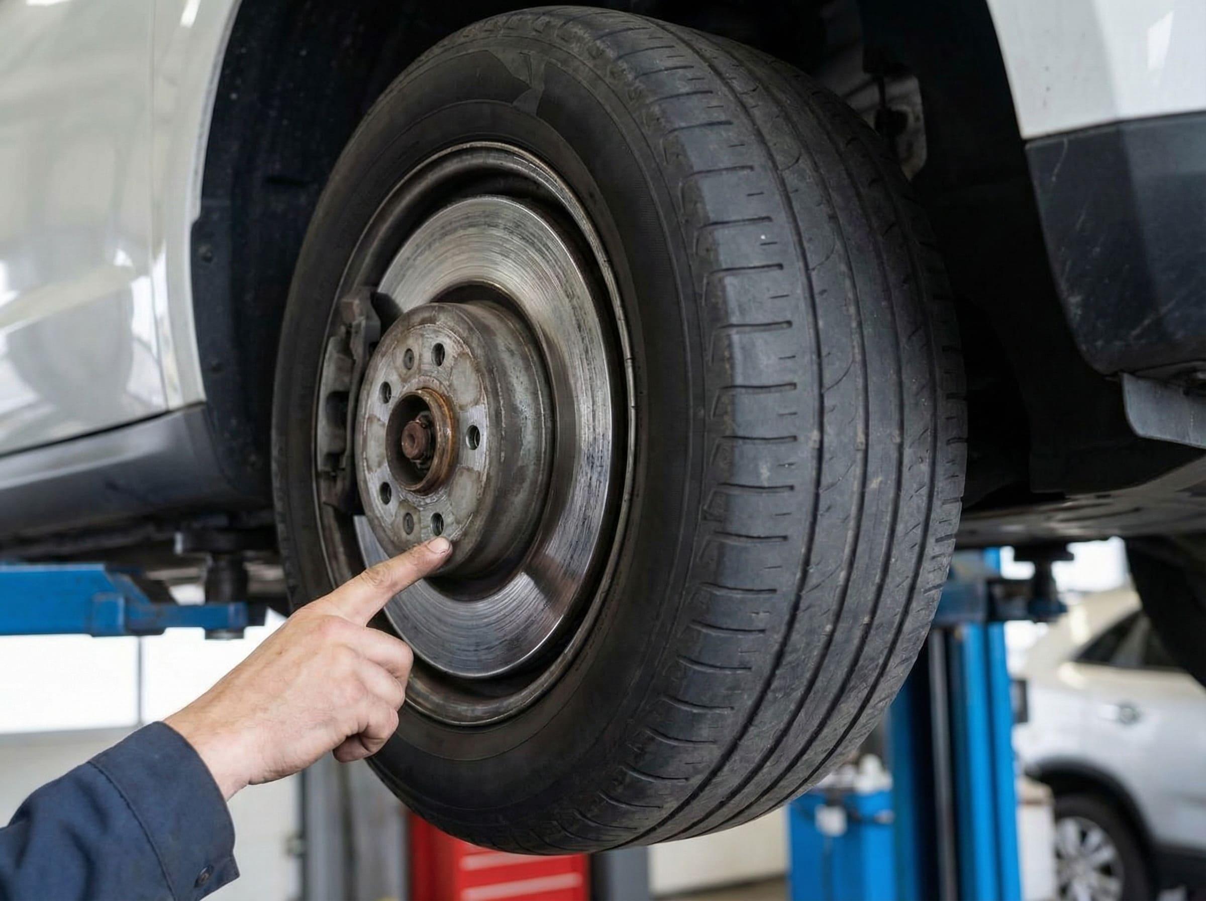 A close-up shot of an EV's tire and brake caliper