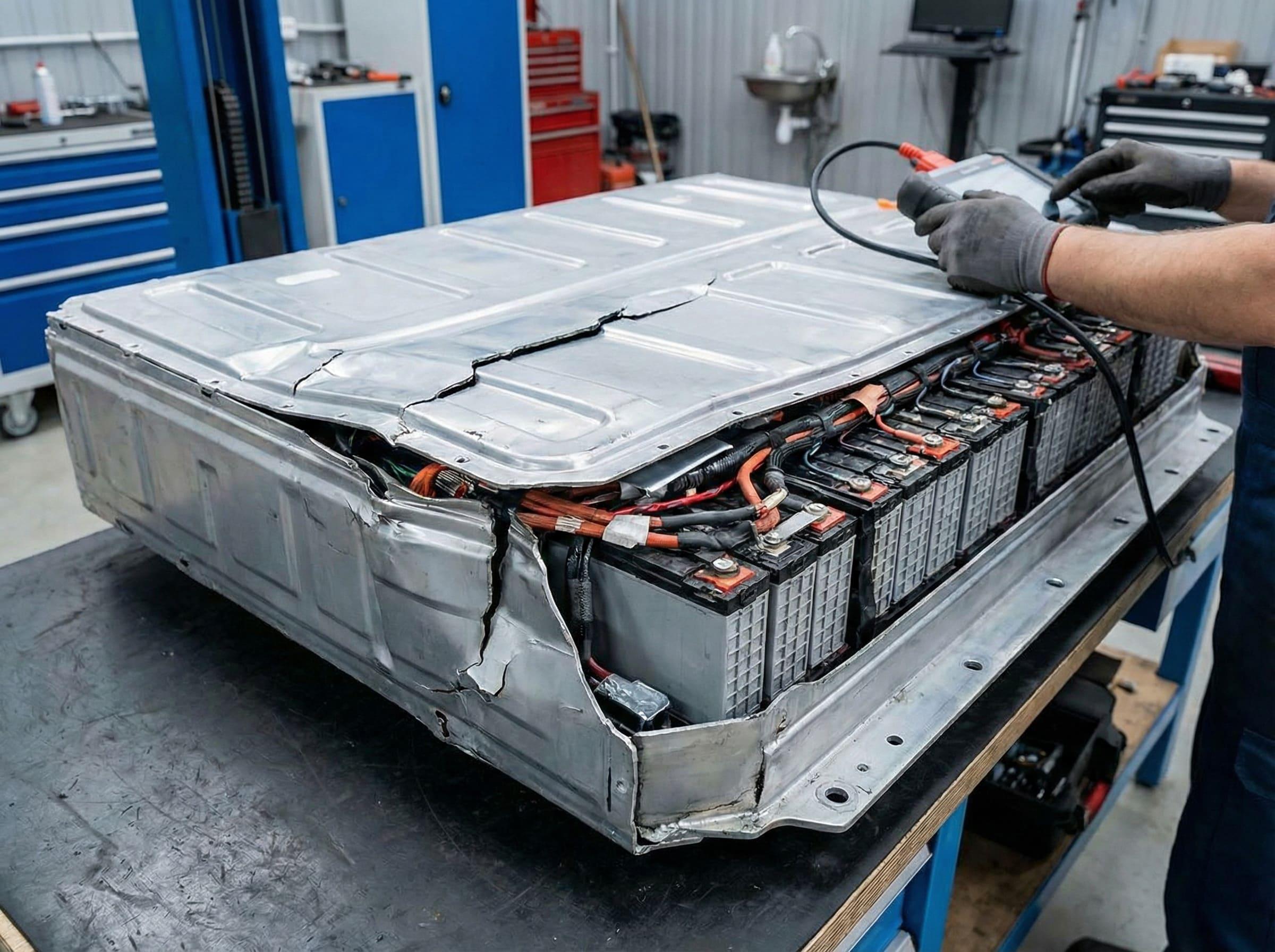 A crash test dummy standing next to a large EV battery pack