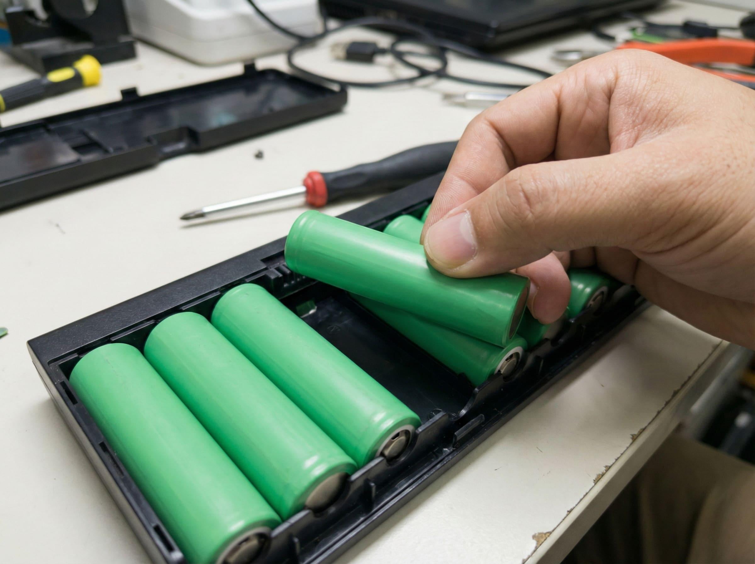 Battery Cell Replacement and Serviceability A technician replacing a single 18650 cell in a large battery pack