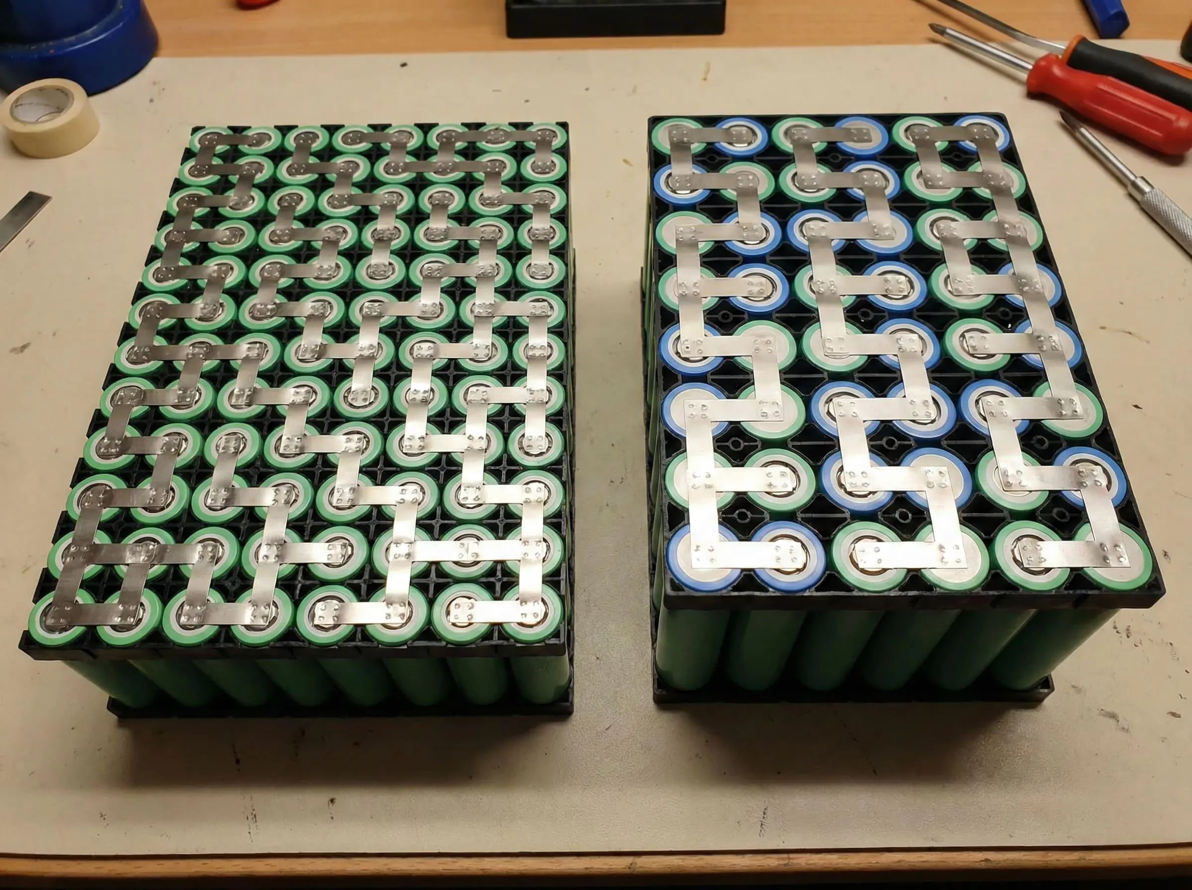 alt: A diagram showing the number of 18650 vs 21700 cells needed for a 1kWh battery pack