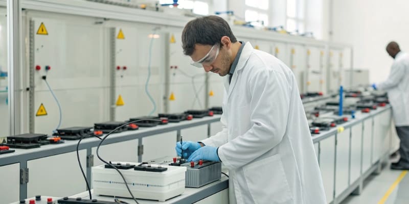 A battery cell being tested with wires and monitoring equipment in a lab