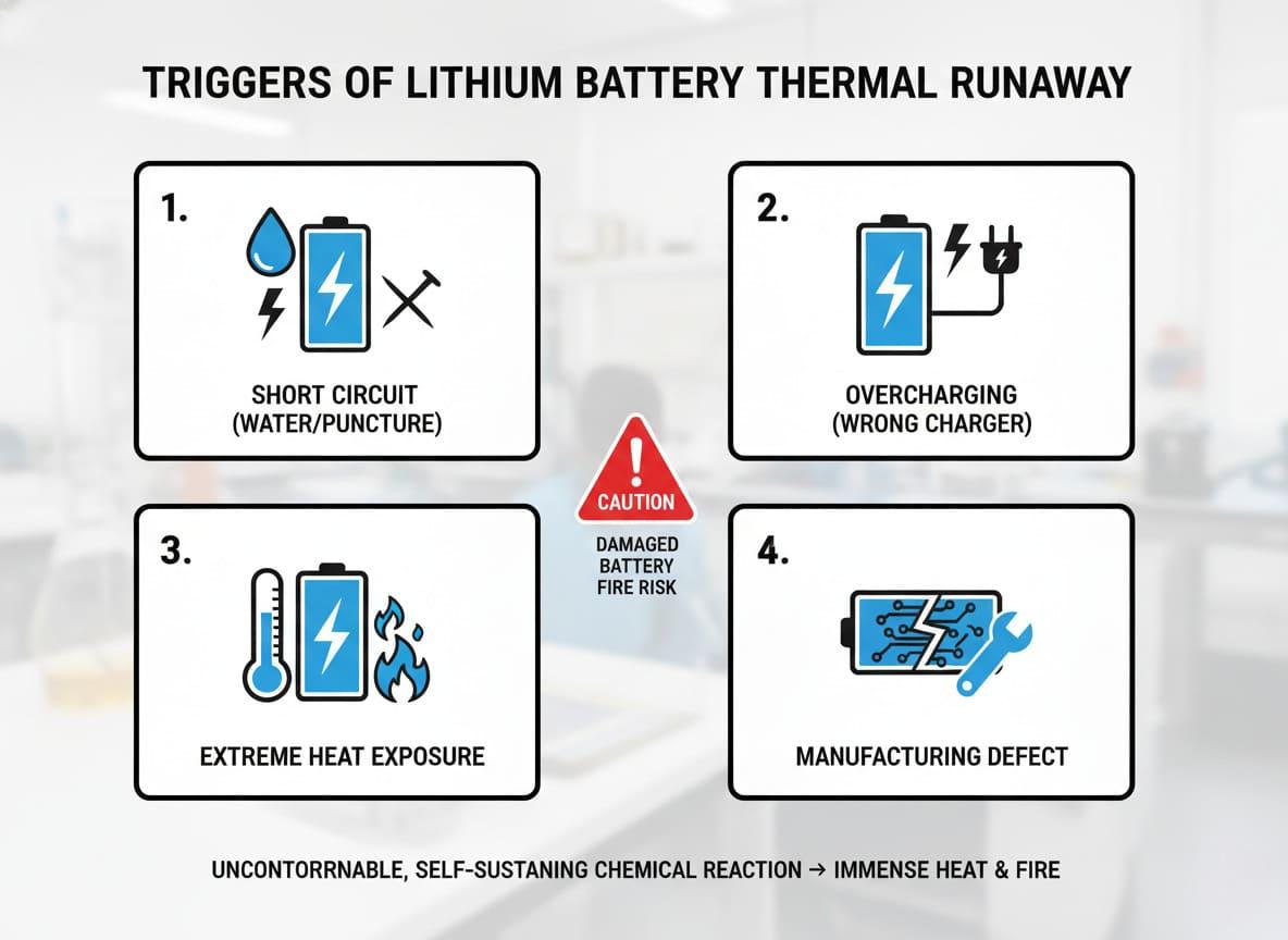 A diagram showing the triggers of thermal runaway in a lithium battery