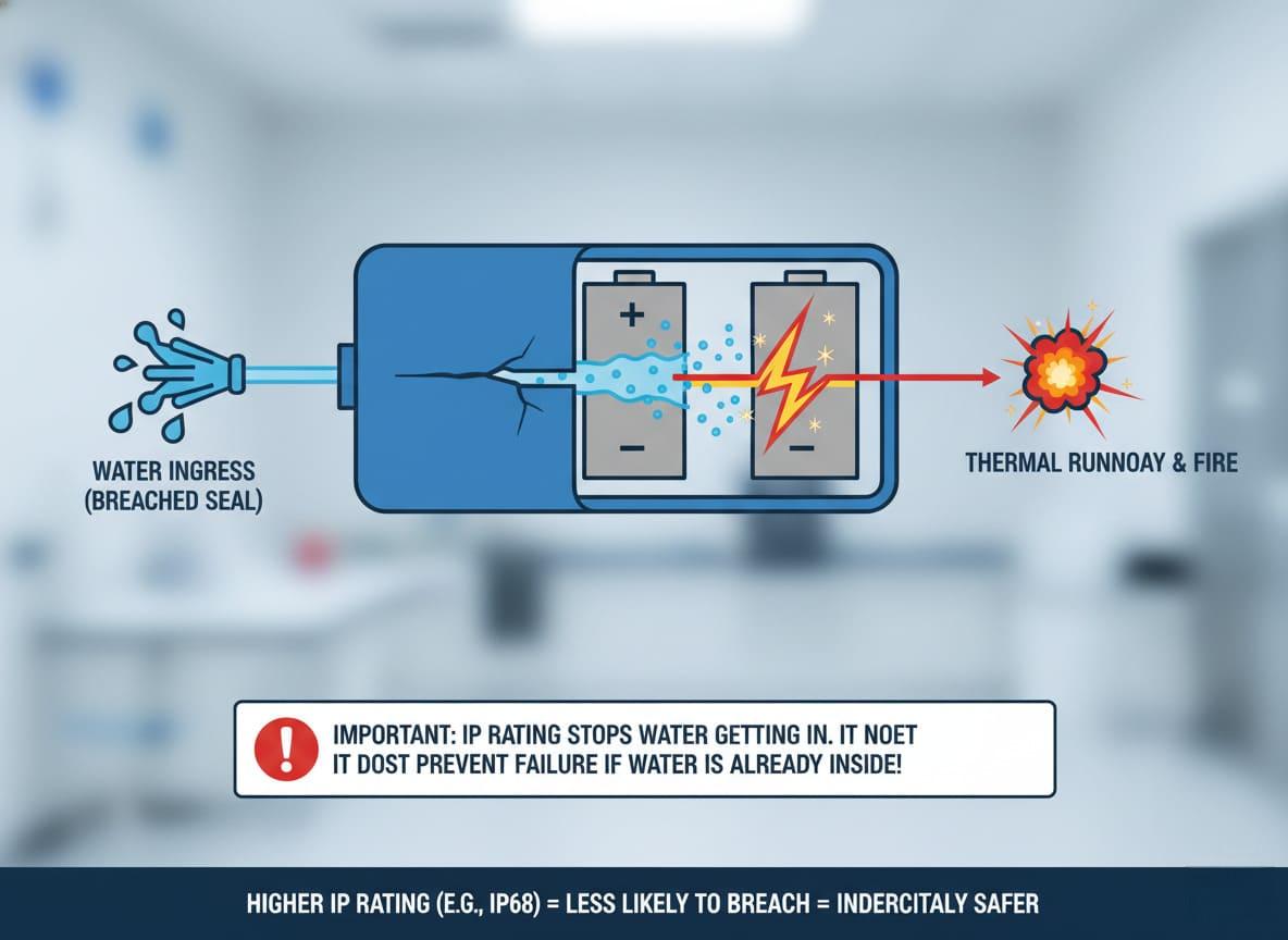 A split-screen image showing an IP67 battery submerged temporarily and an IP68 battery submerged for a long time