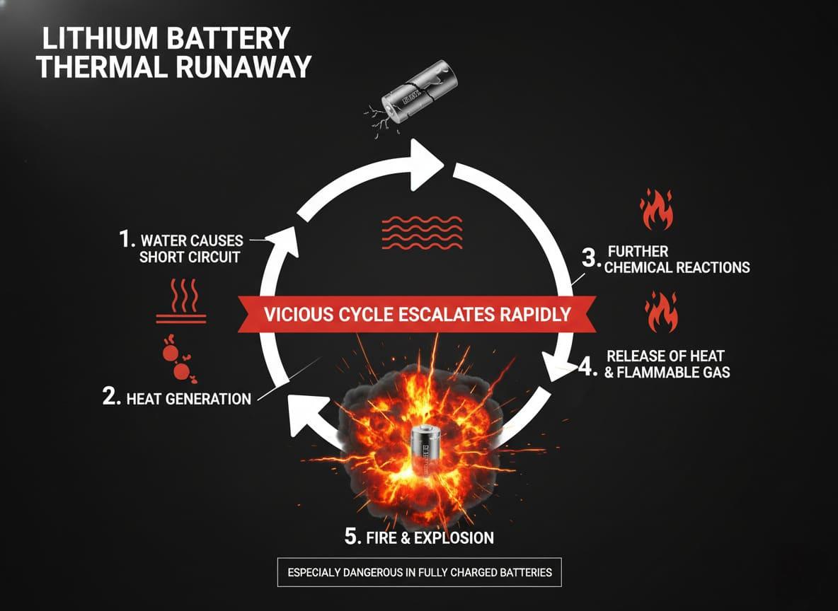 An infographic showing the cycle of thermal runaway in a battery