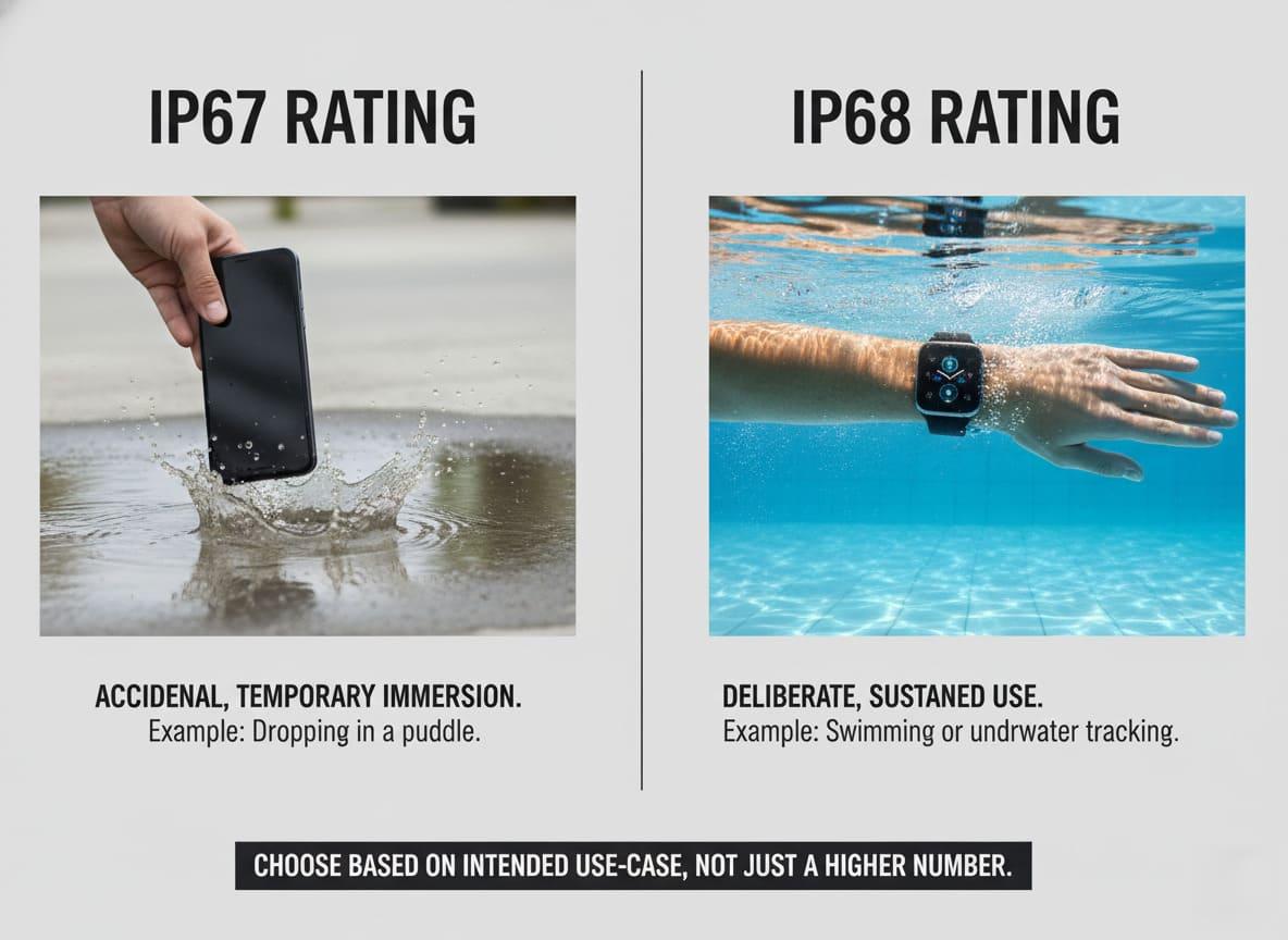 Two identical devices, one labeled IP67 and the other IP68