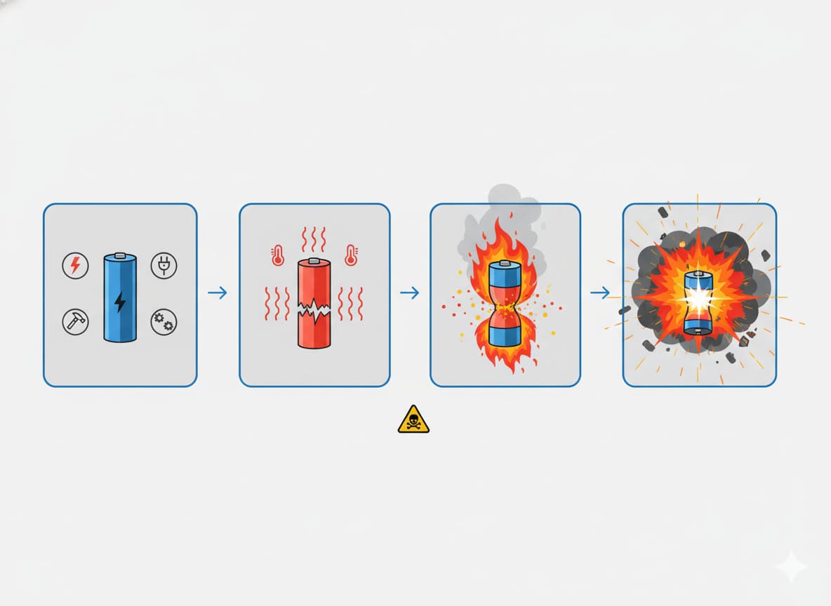 A diagram showing the process of thermal runaway in a battery