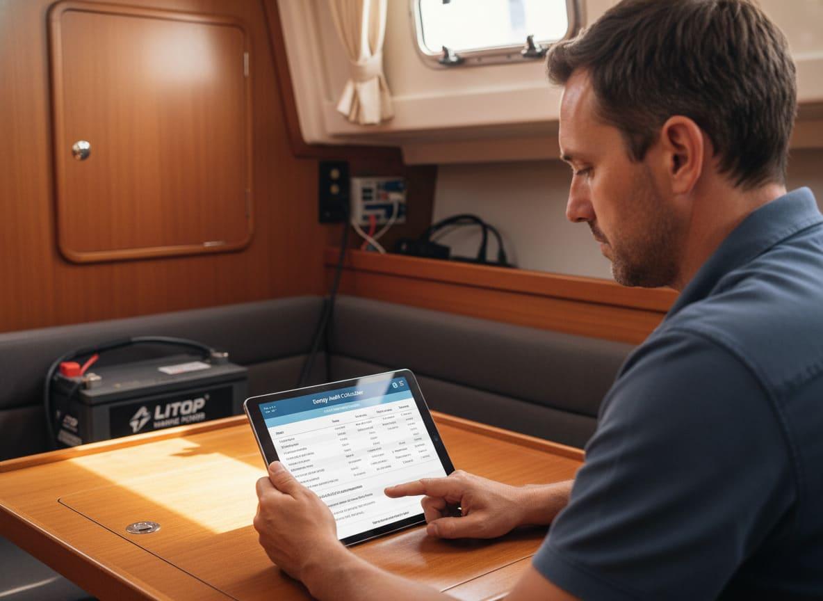 A person using a tablet to conduct an energy audit on their boat