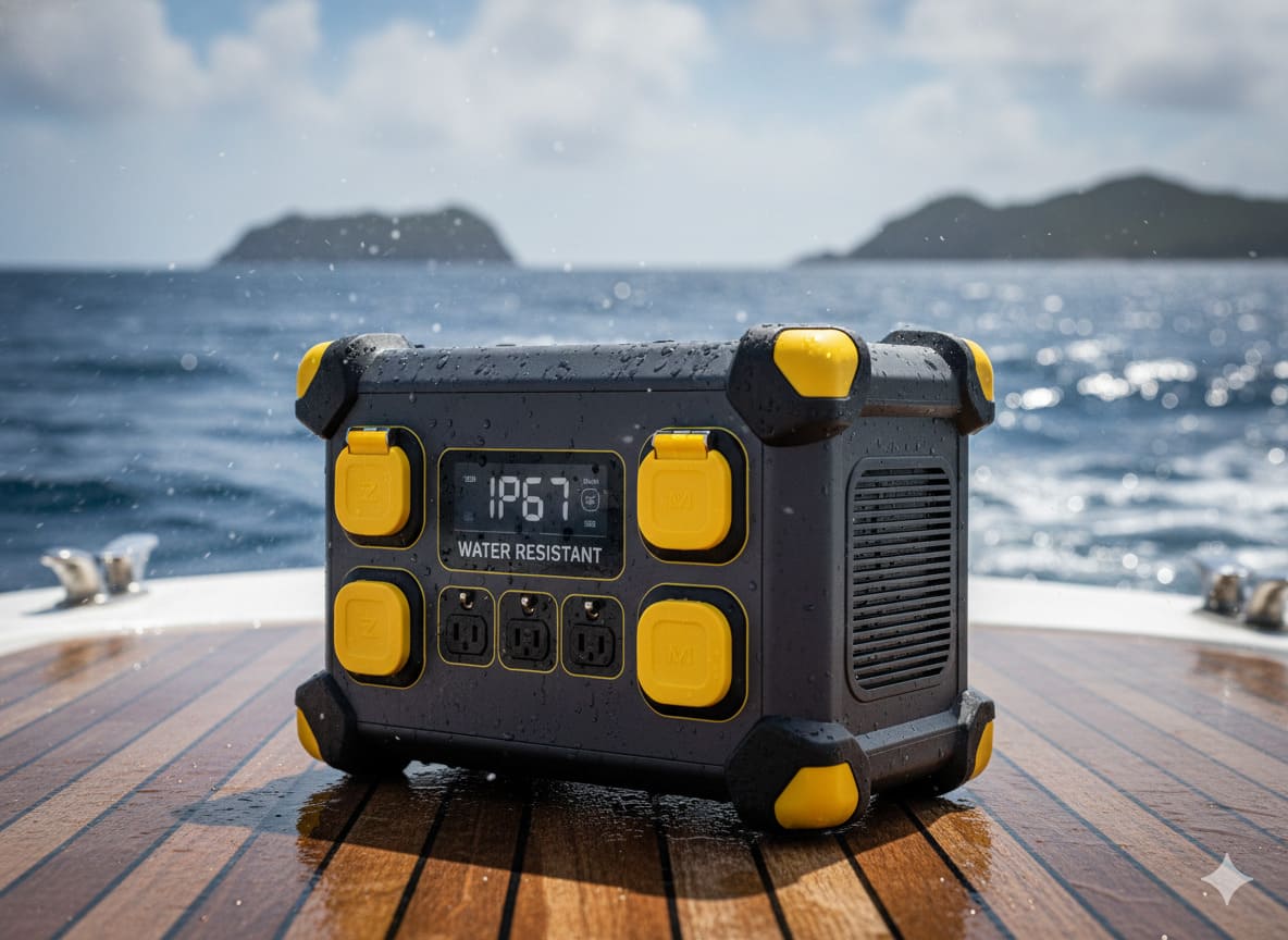 A rugged, water-resistant portable power station on the deck of a boat