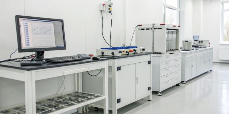 Battery Nominal Capacity Testing Lab A sterile lab environment with a battery connected to testing equipment and a computer displaying graphs