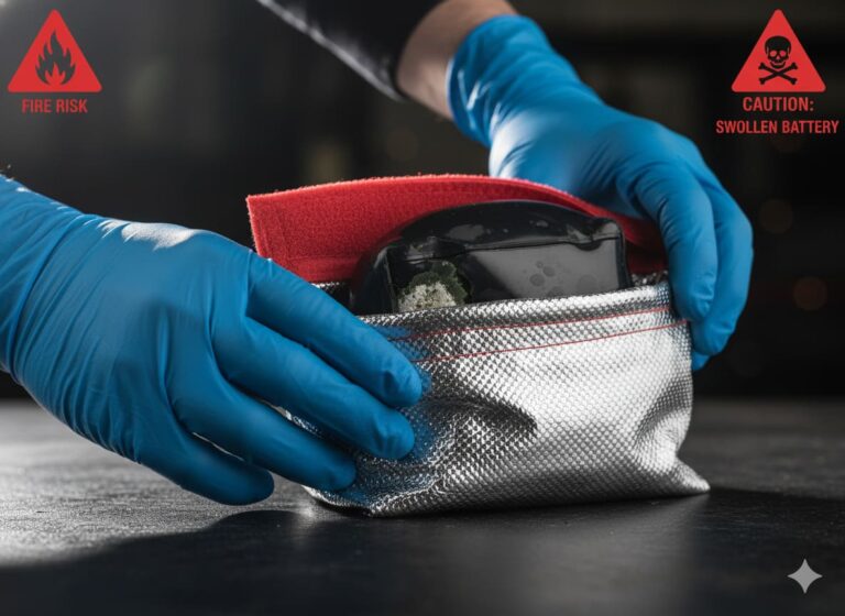 Handling swollen damaged lithium battery warning