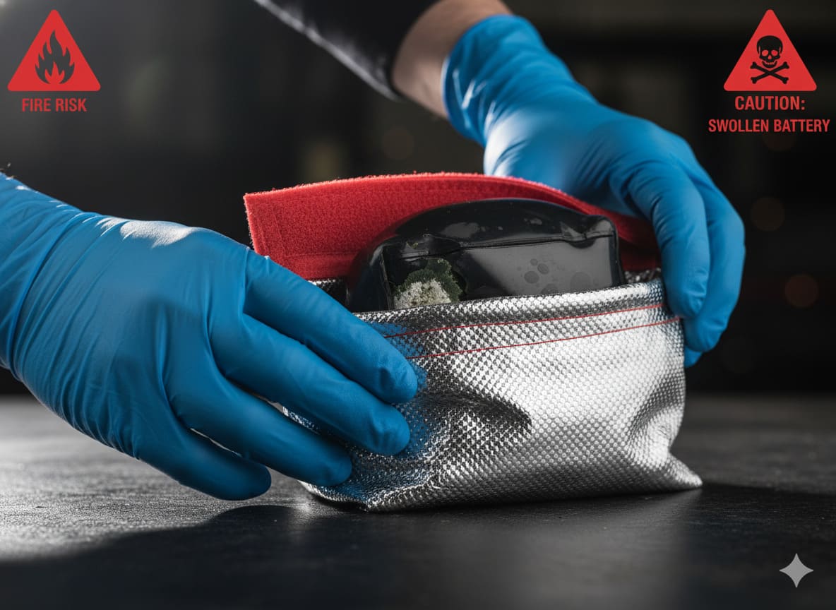 Handling swollen damaged lithium battery warning