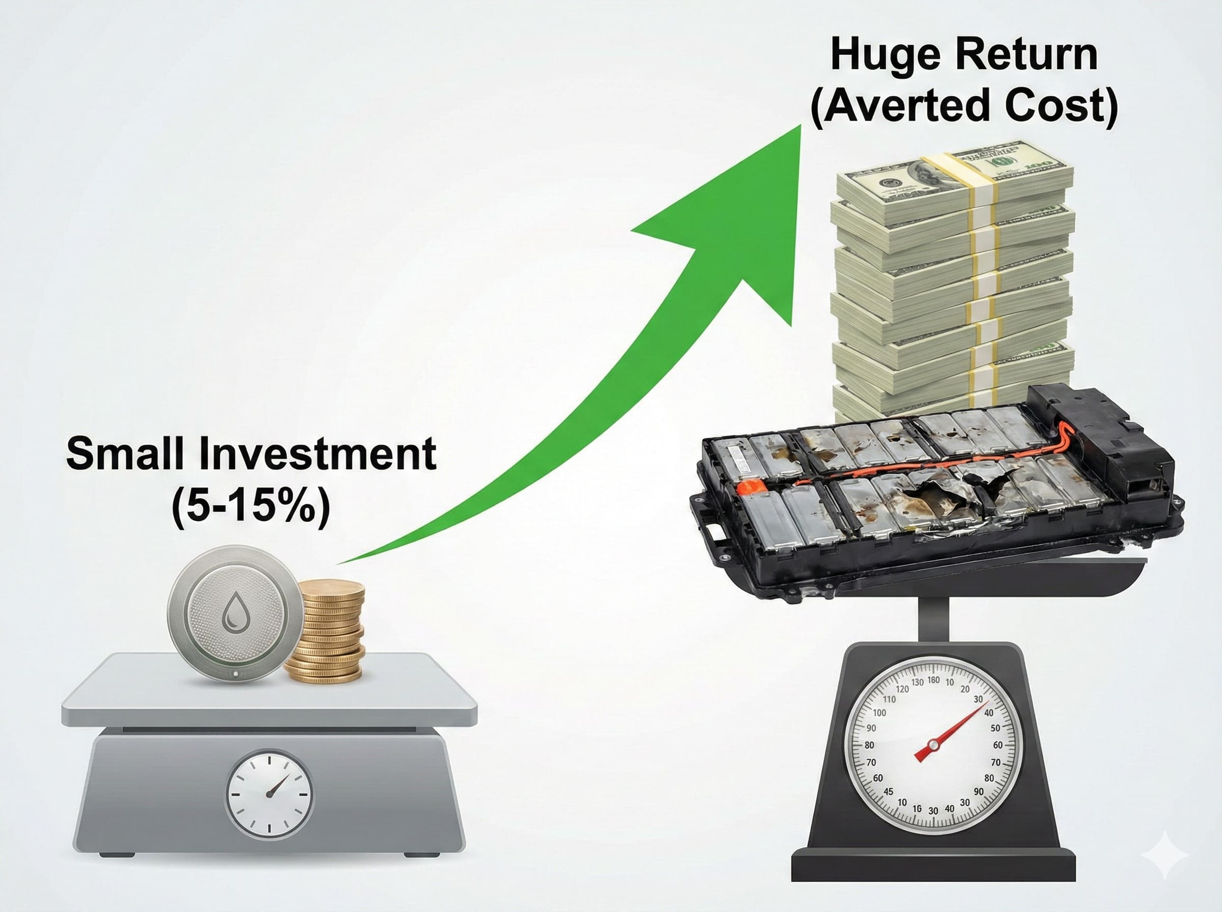 A chart comparing the small cost of a water detection feature to the high cost of battery replacement