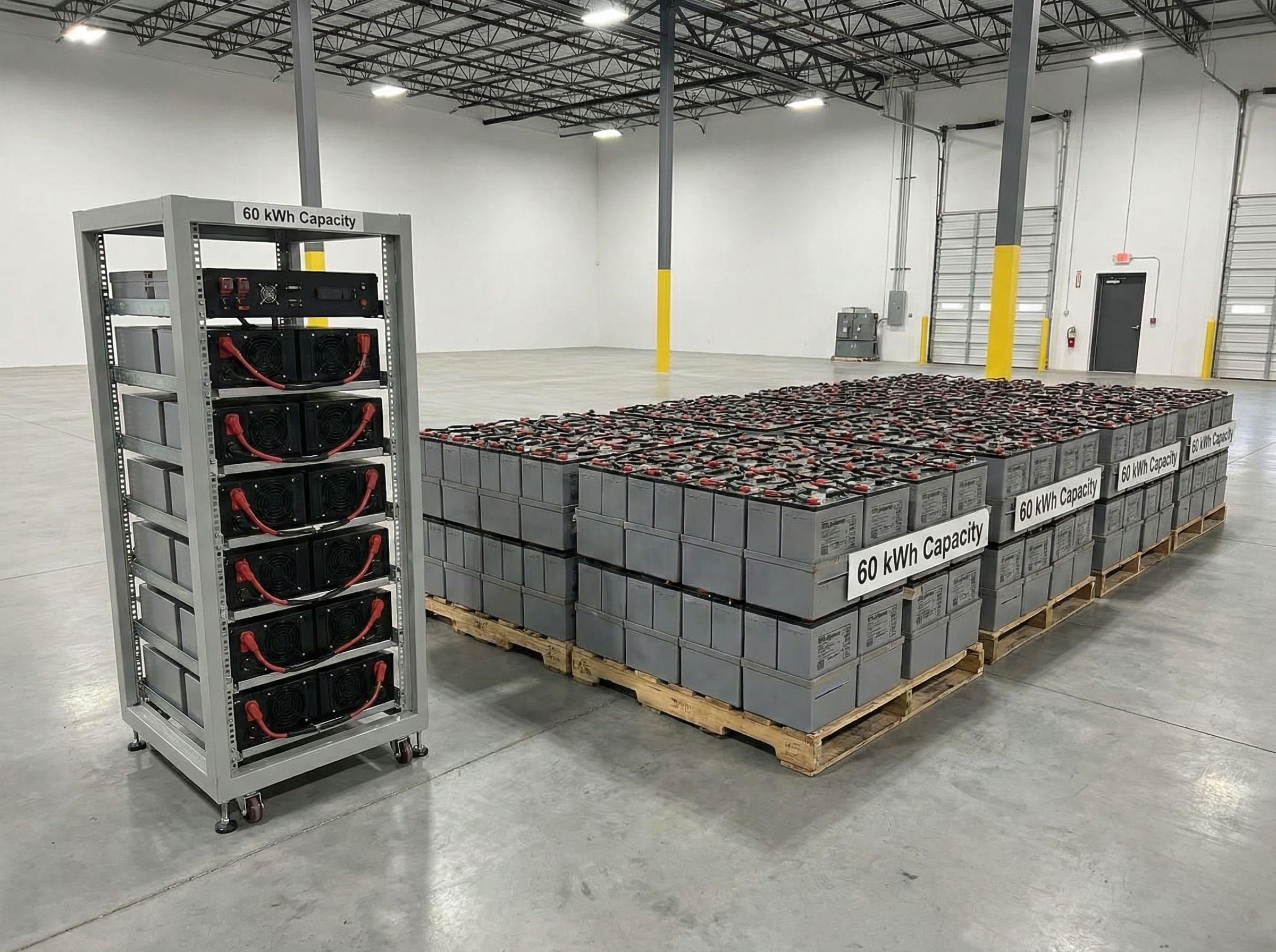 A side-by-side comparison of a compact LFP battery and a large bank of lead-acid batteries