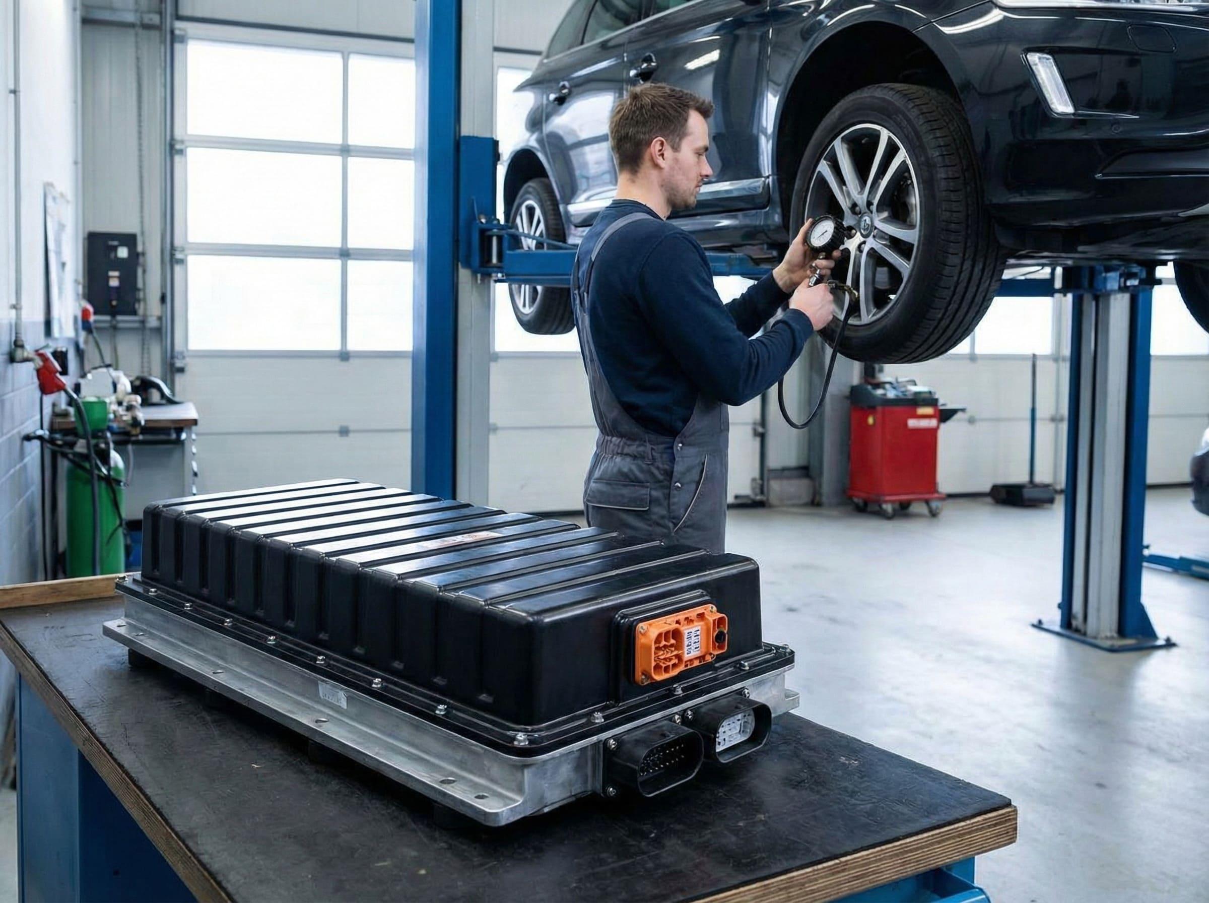 A car on a lift with arrows pointing to the suspension and tires