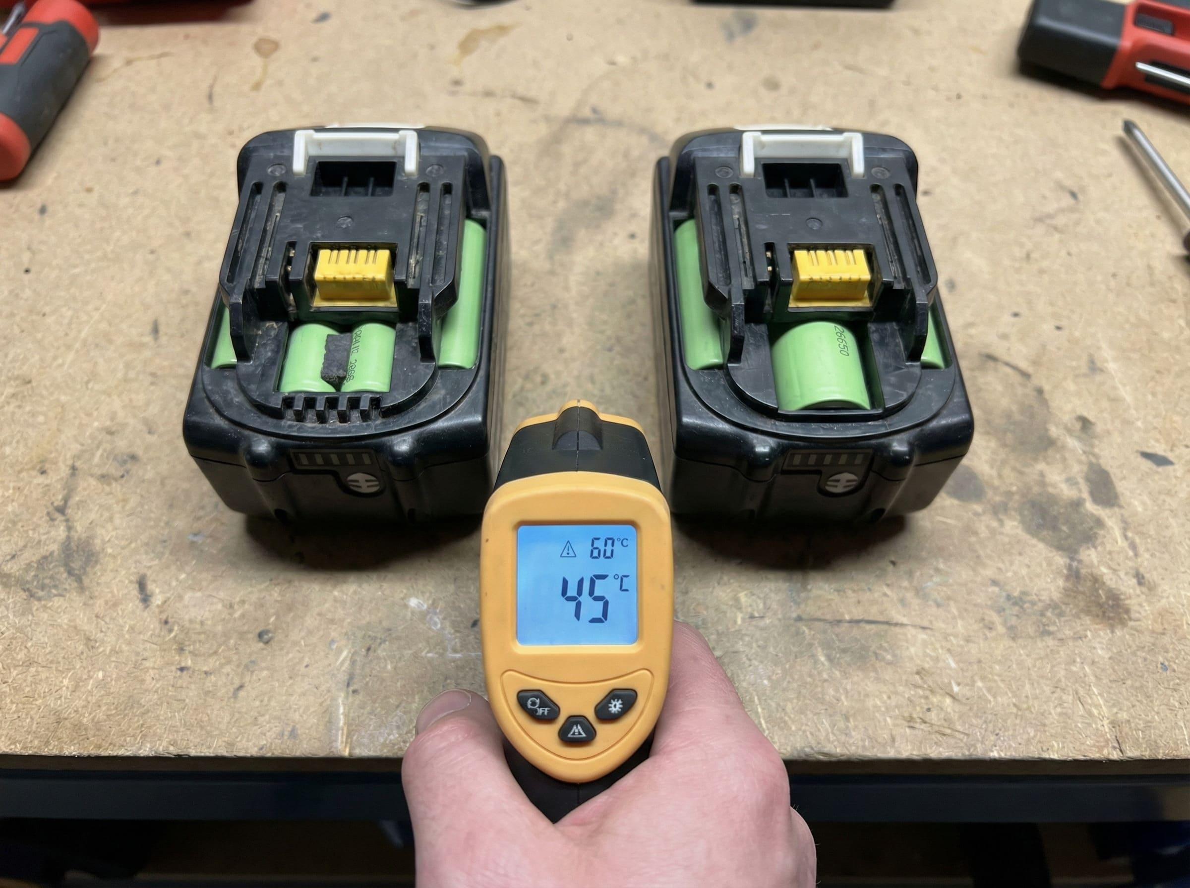 Power Tool Battery Overheating A thermal image of a power tool battery pack under load, showing heat spots