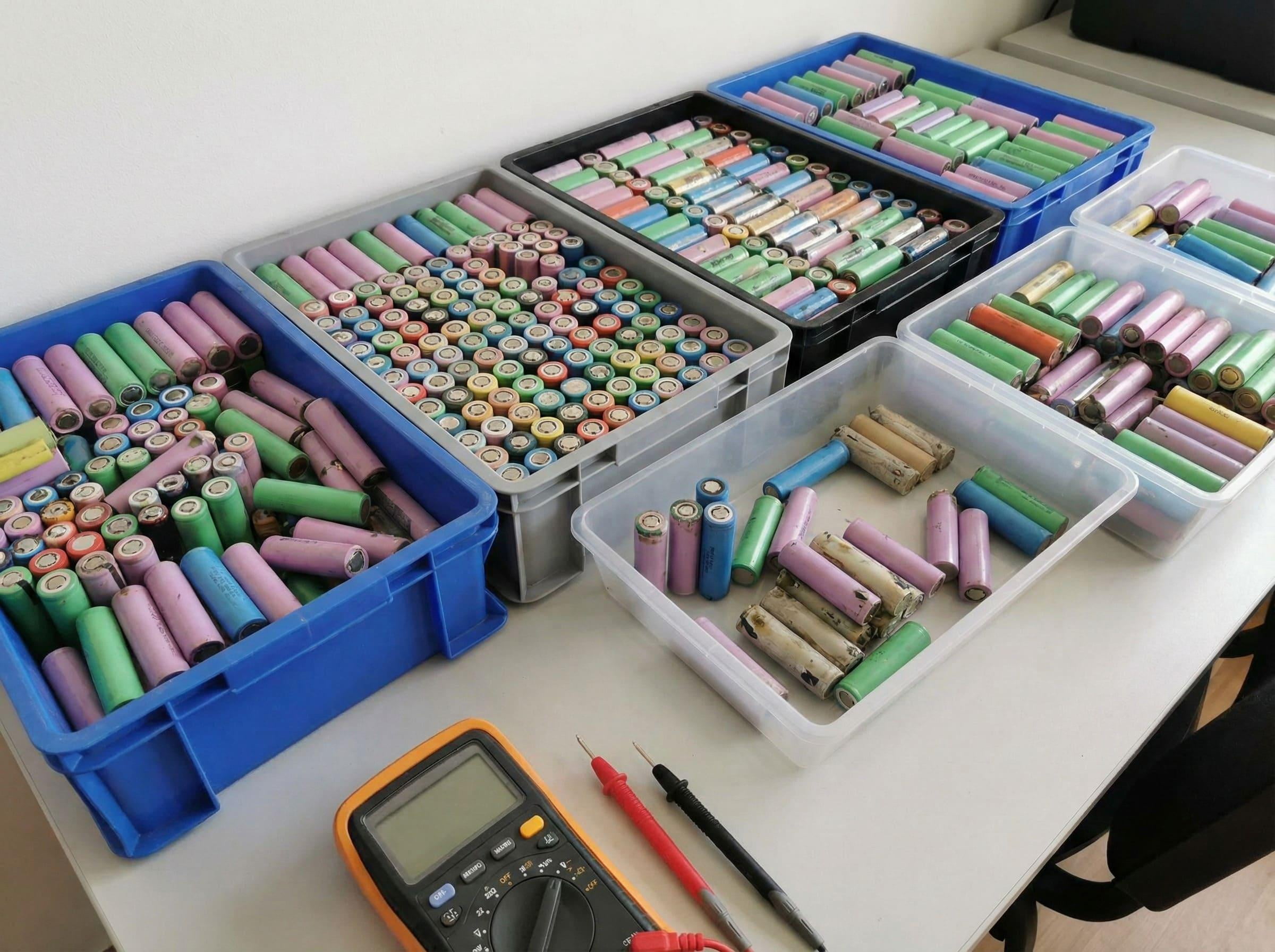 Recycling Value of 18650 vs 26650 Batteries A large bin of sorted 18650 cells ready for testing and recycling