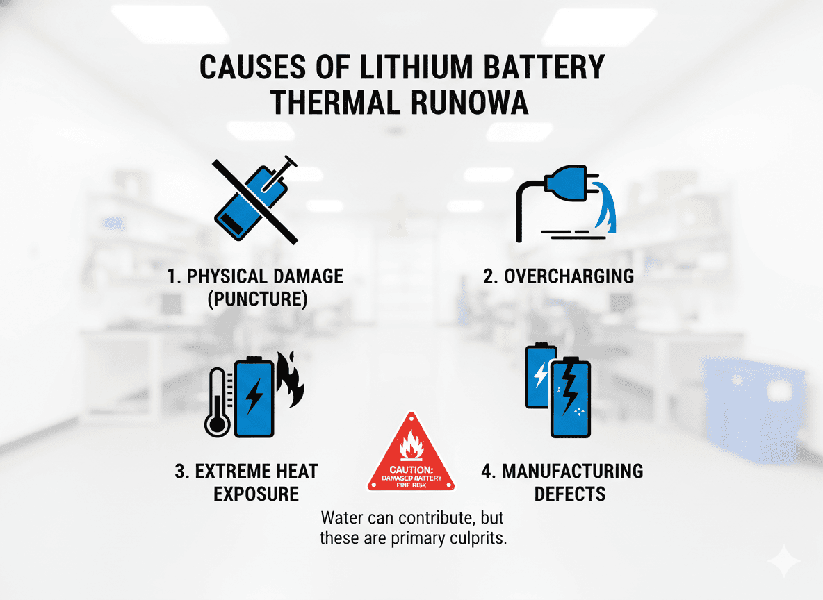 Infographic showing the four main causes of thermal runaway: puncture, overcharging, heat, defect