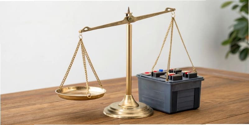 A scale balancing a dollar sign on one side and battery performance icons on the other