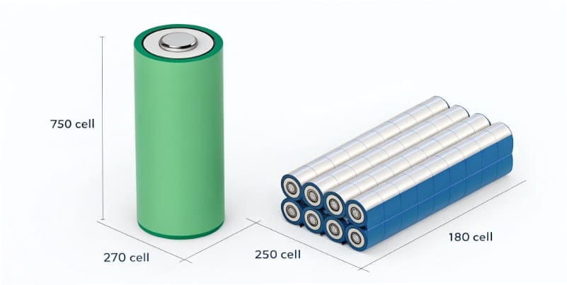 An image comparing the physical sizes of 18650, 21700, and 26650 batteries