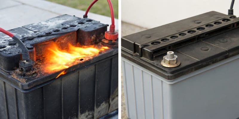 An animation showing energy loss as heat in a standard battery vs less loss in a high-efficiency one