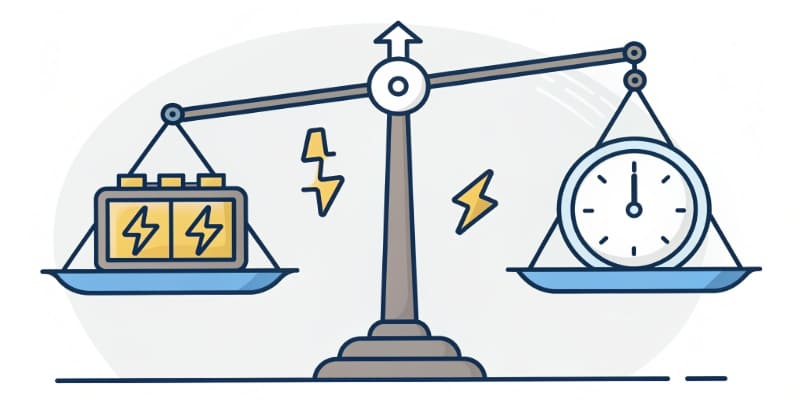 Graph showing the trade-off between battery capacity, cycle life, and power output