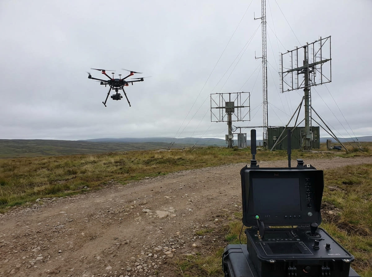 AI Defect Recognition for Power Grids An AI interface highlighting a detected defect on a power line insulator from a drone's camera feed