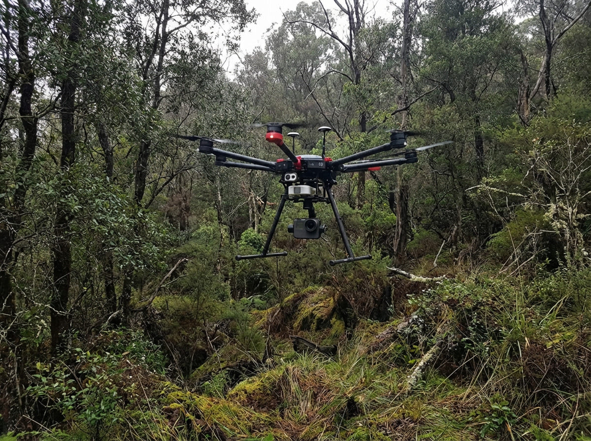 A futuristic drone flying over a smart city, illustrating AI-powered autonomous operation