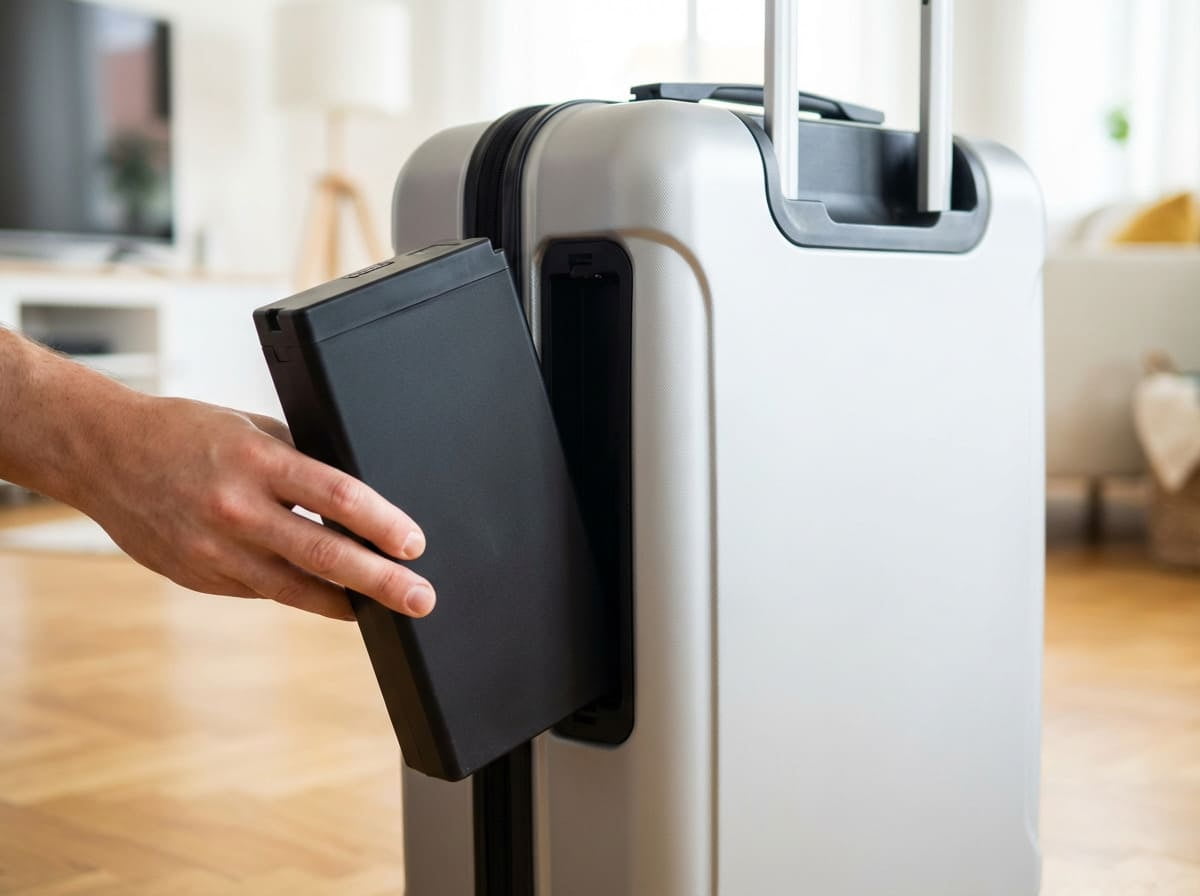 A smart suitcase with its battery pack partially removed, ready for travel