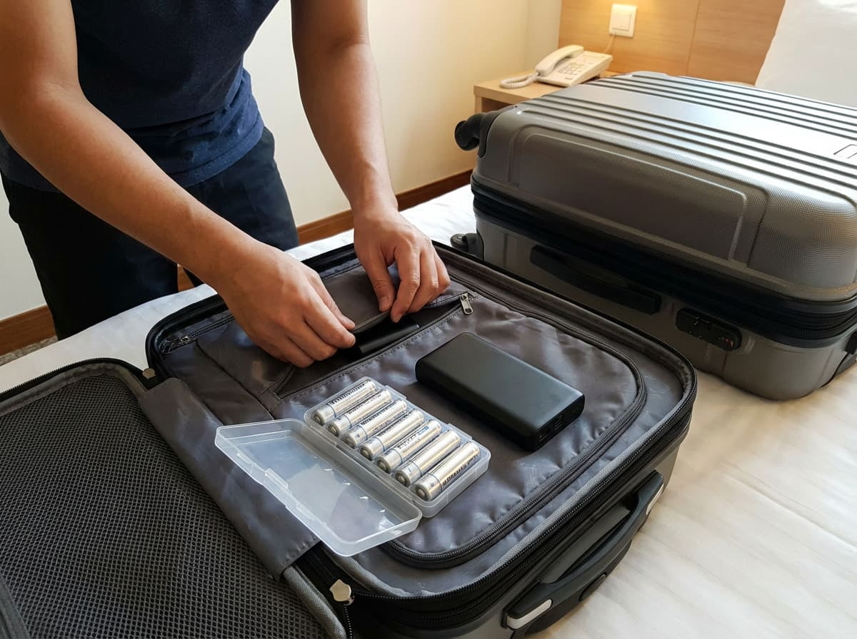 Carry-on vs Checked Luggage for Batteries A suitcase with batteries being sorted into carry-on and checked piles
