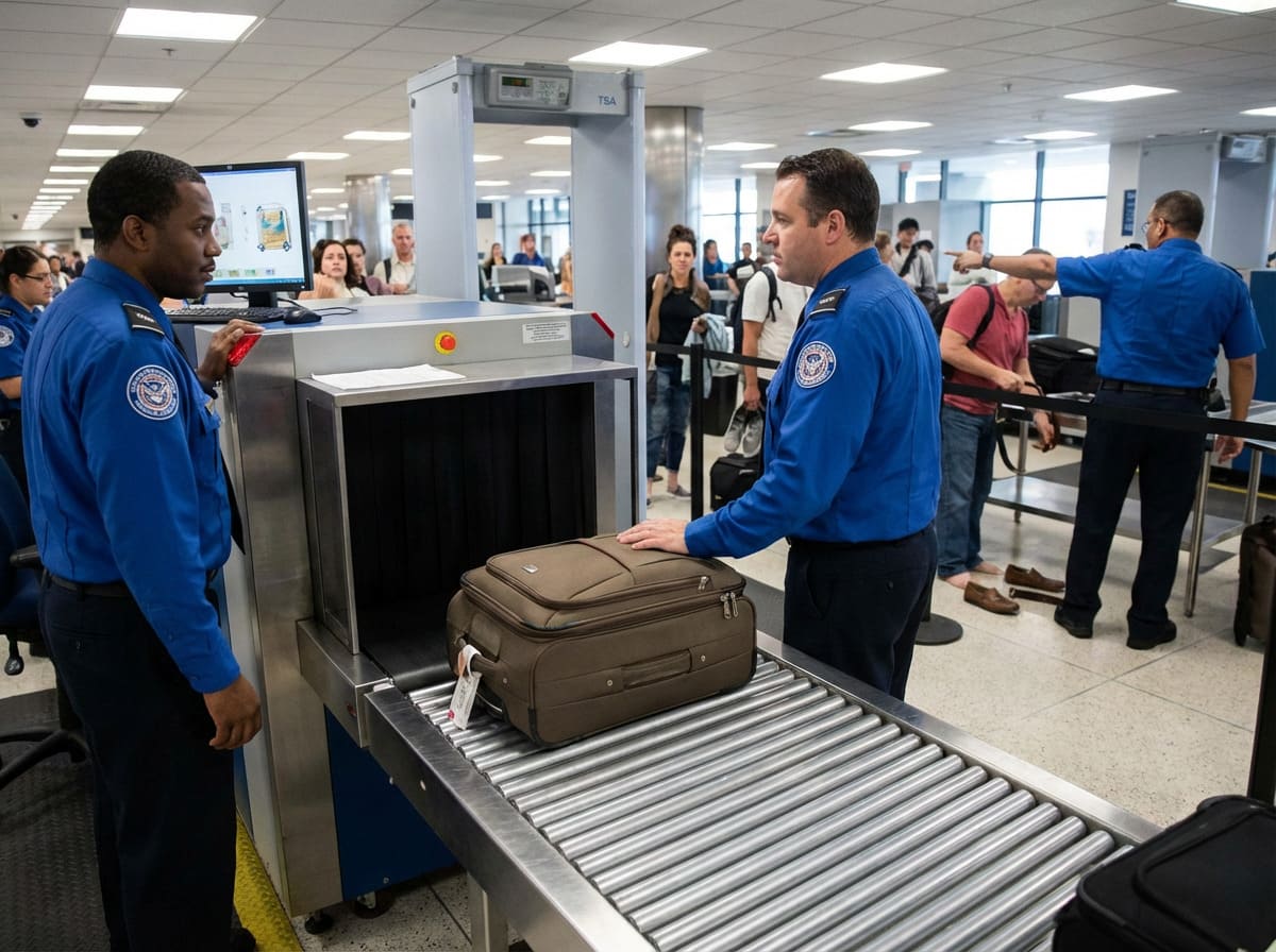 A collage of the TSA, FAA, and IATA logos over a background of an airport security line