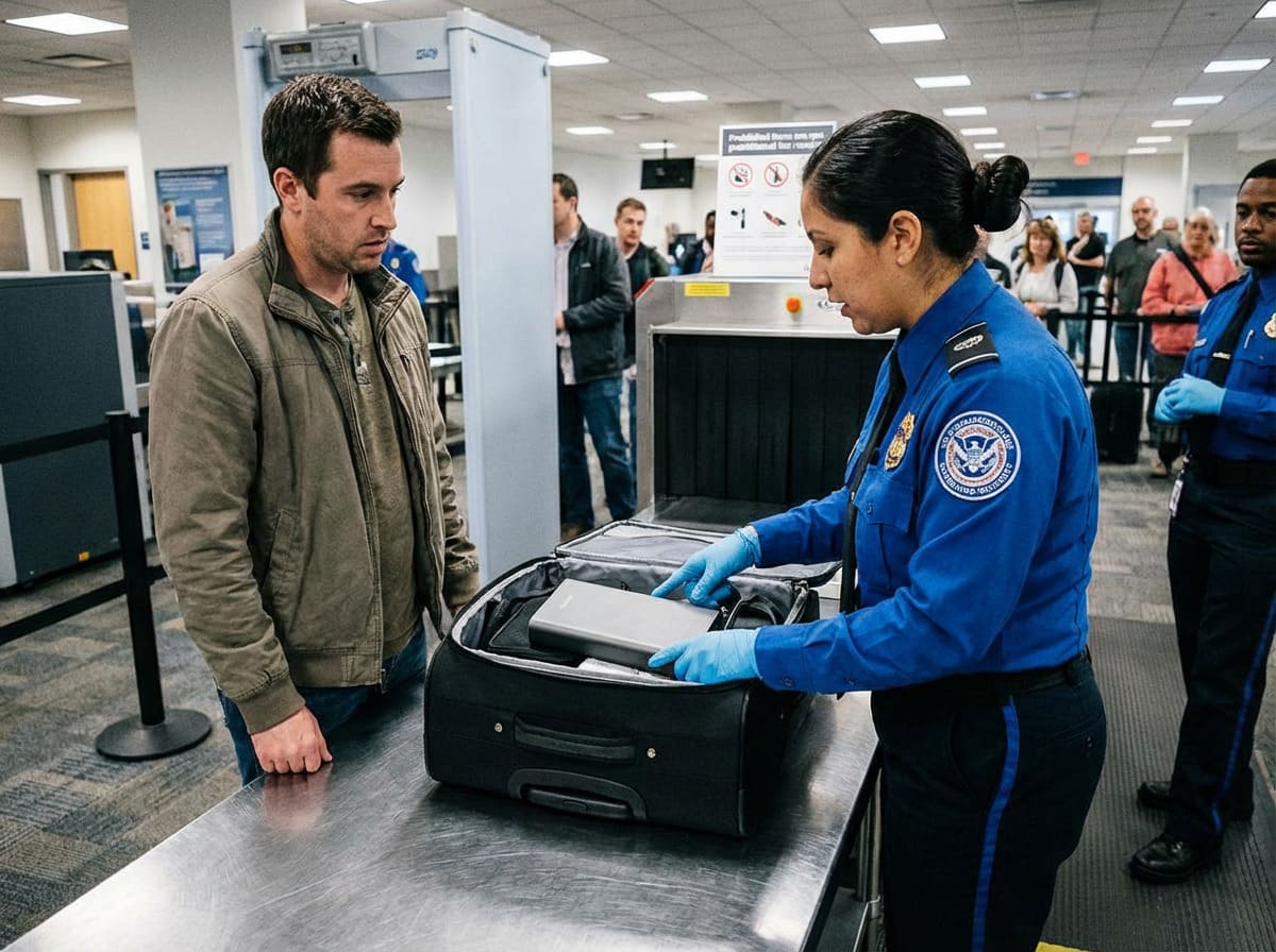 A traveler looking stressed at an airport security checkpoint