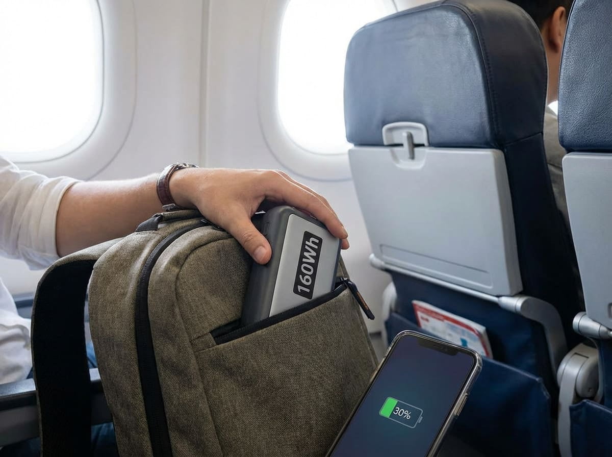 TSA Power Bank Rules A power bank being placed into a carry-on suitcase for a flight