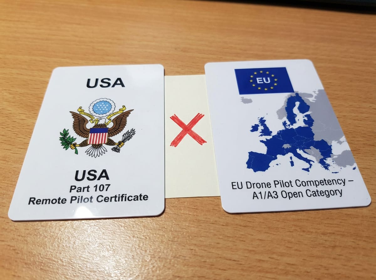 FAA Part 107 Certificate Not Valid in EU A pilot looking at their FAA certificate with a European map in the background