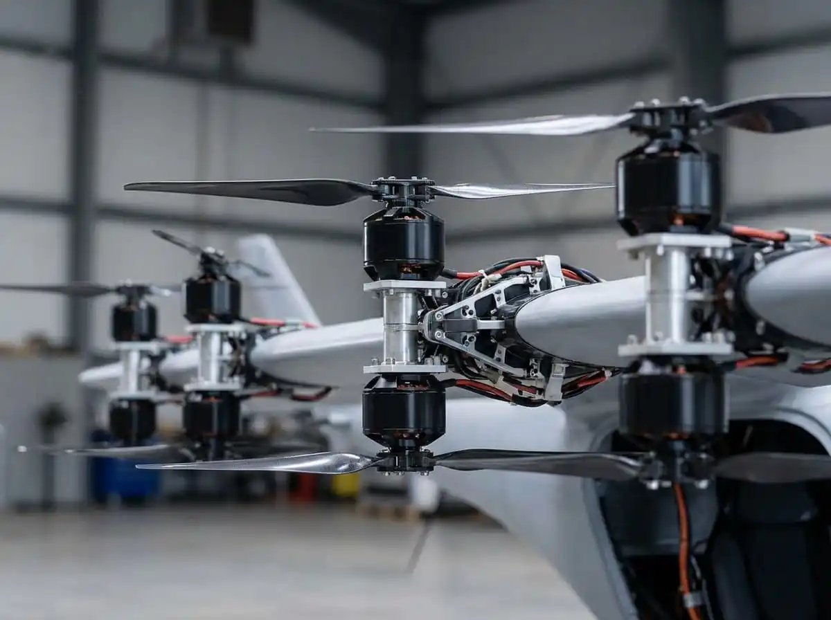 A close-up diagram showing the multiple rotors on an eVTOL aircraft, highlighting the concept of redundancy.