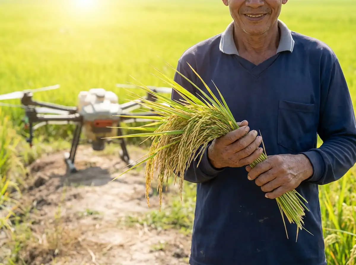 Farmer with rice and lithium drone for precision agriculture