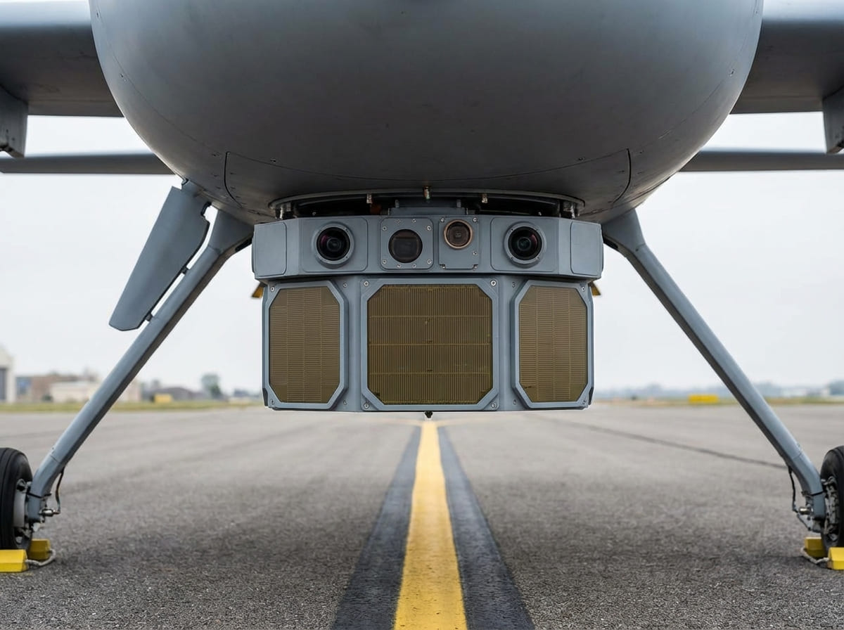 An infographic showing different sensor types like radar, camera, and ADS-B on a drone