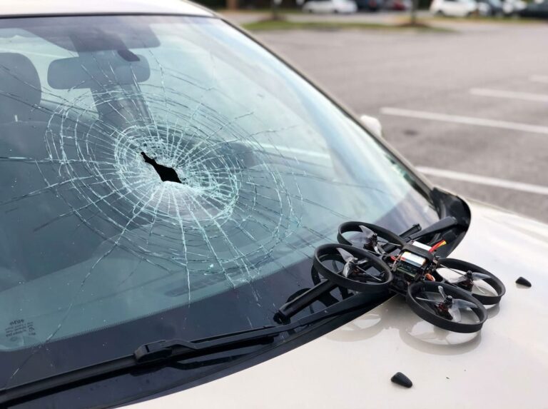 Lithium drone crash impact on car windshield