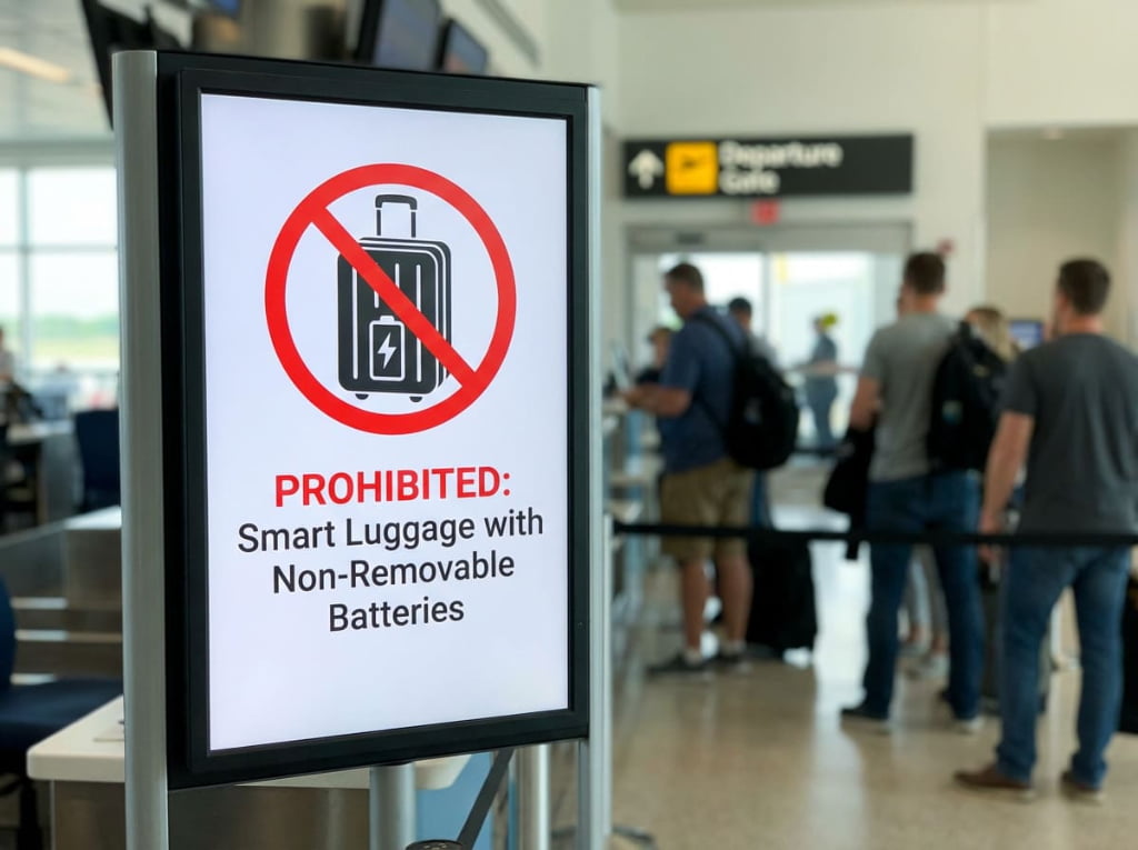 Prohibited smart luggage battery airport sign