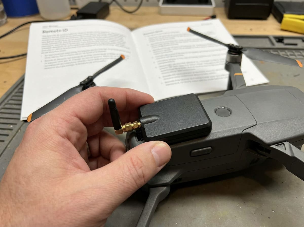 Checking for Drone Remote ID A close-up of a drone's body showing a compliance label or a separate broadcast module attached