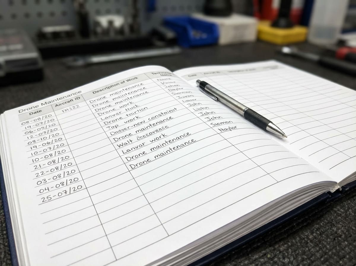 A digital maintenance logbook on a tablet next to a drone