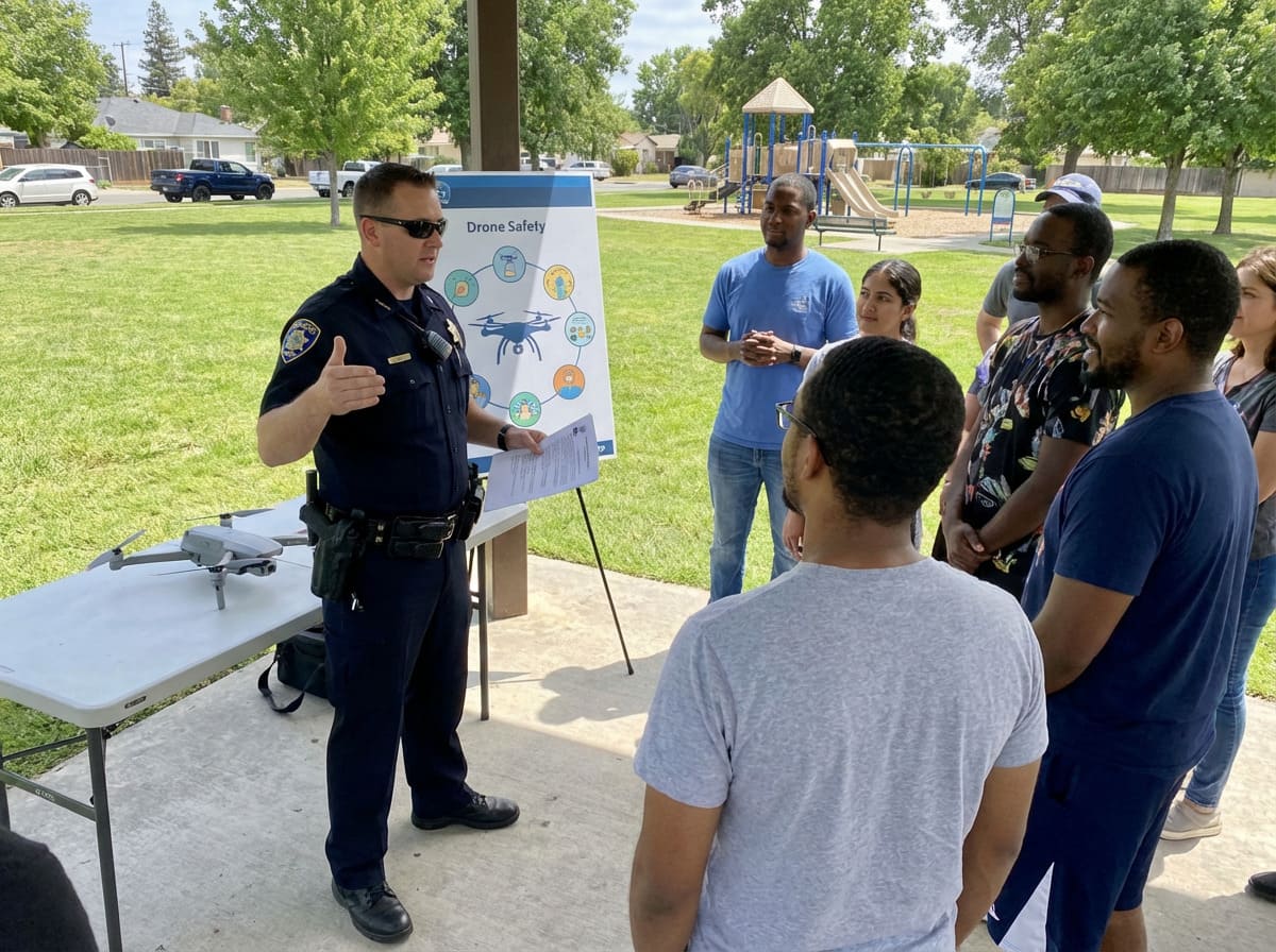 Drone Privacy and Policy Drone flying over a city with privacy icons