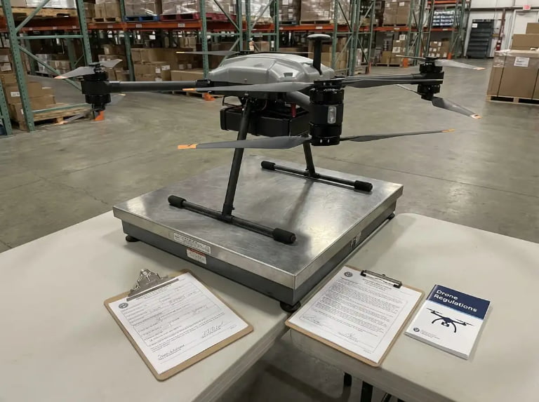 Mini drone on scale for weight calculation