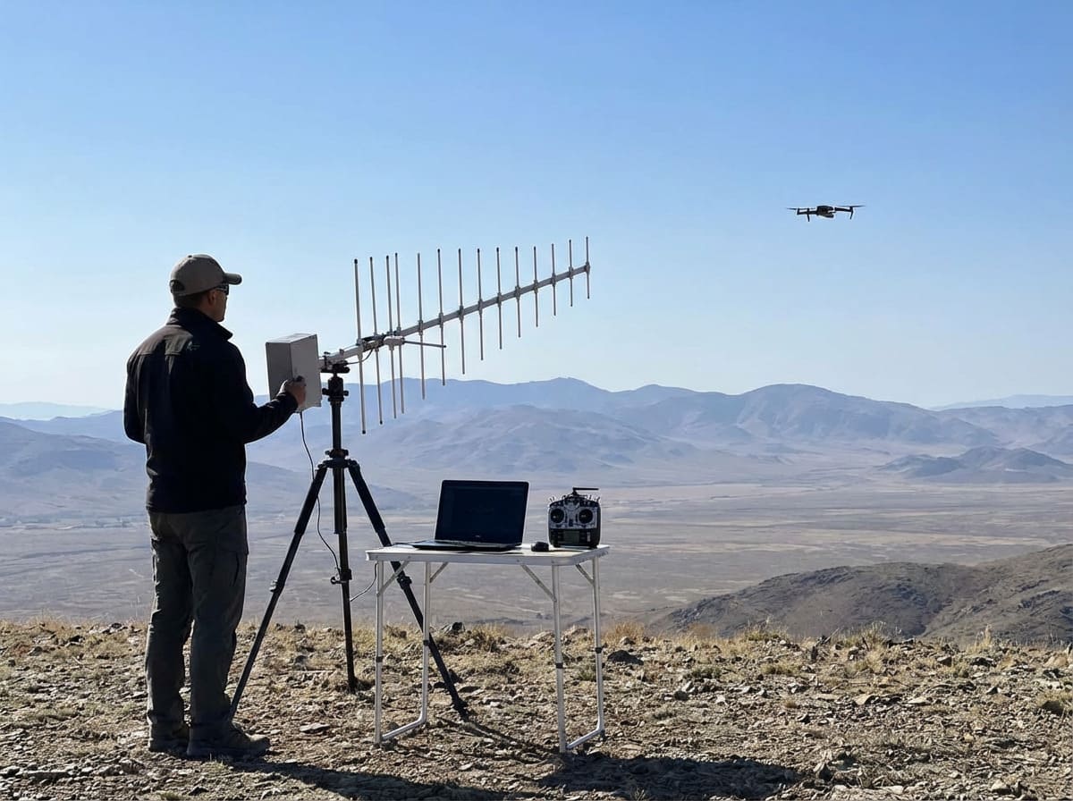 Optimizing UAS Communication Link Diagram showing drone communication link optimization with different antennas
