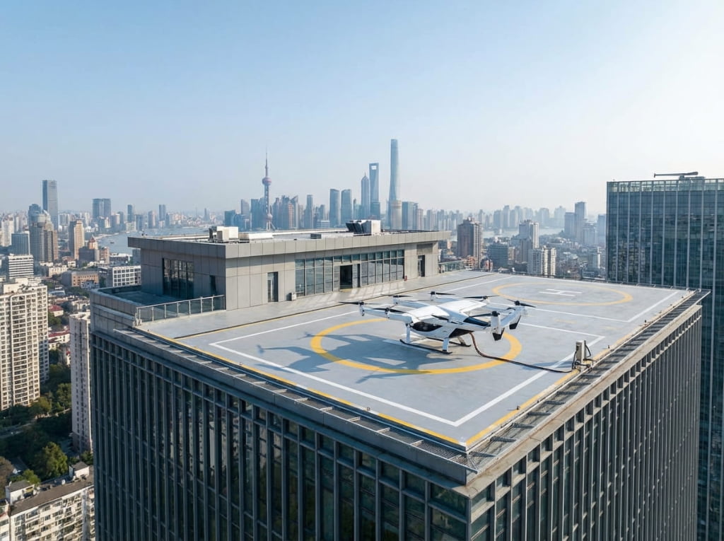 Electric air taxi parked on rooftop helipad