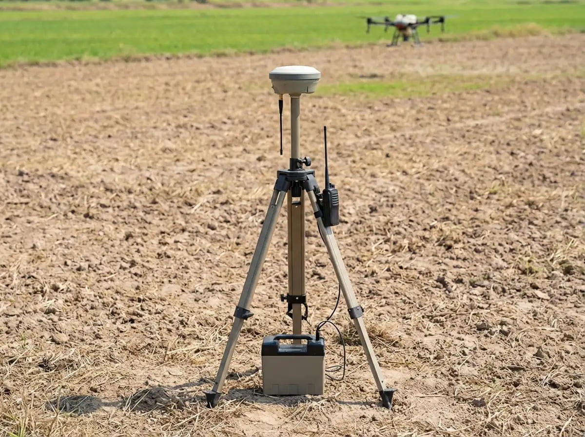 A diagram showing an RTK base station on the ground communicating with a drone in the air