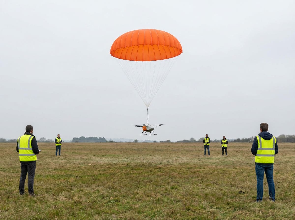 Drone Safety Features for Urban Flight A drone with a parachute deployed flying over a city park